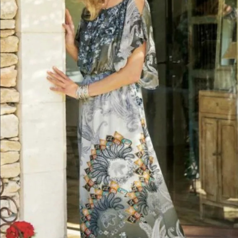 Soft Surroundings Maxi Dress Size Large Gray Blue Floral Cold Shoulder Blouson